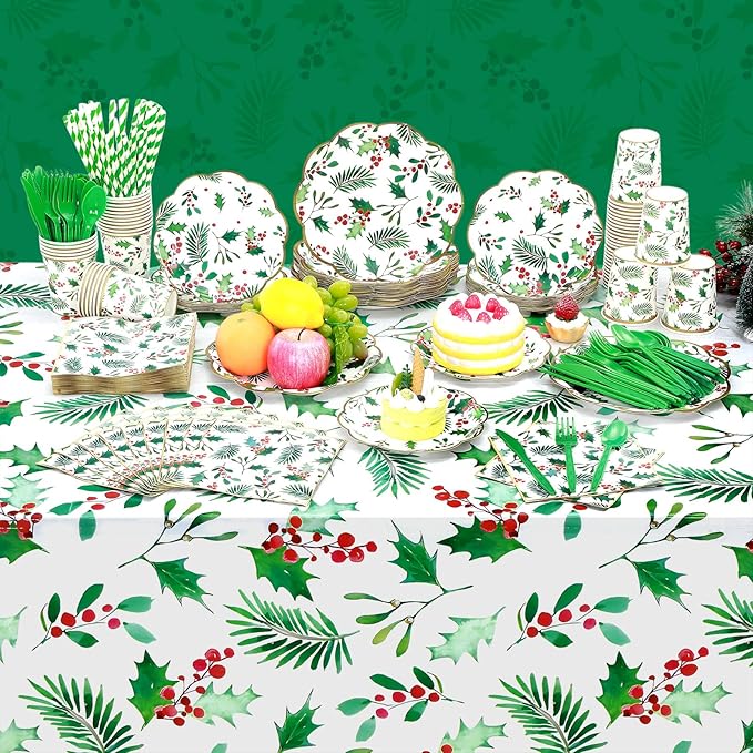 452 Pcs Christmas Party Supplies for 50 Guest, Holly Berry Leaves Holiday Xmas Paper Plates Napkins Cups Tablecloth Cutlery Straws Disposable Tableware for Merry Christmas Party Decorations