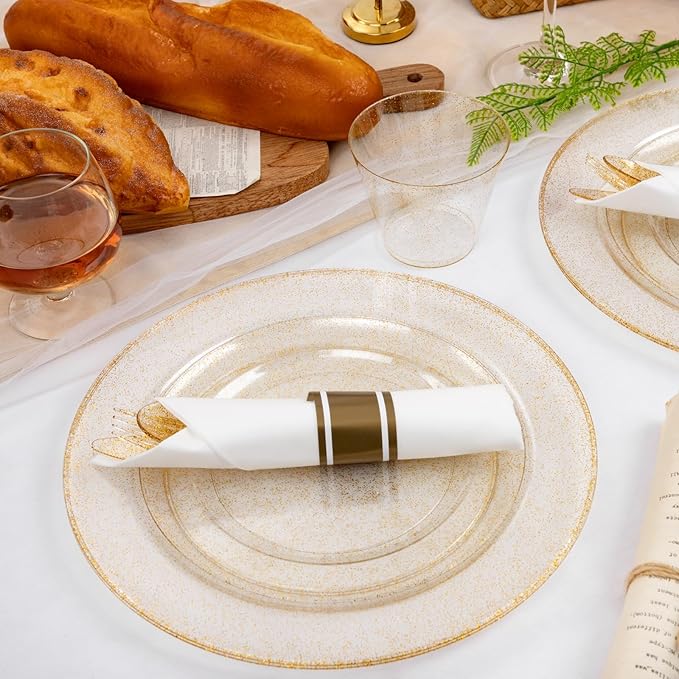 WELLIFE 210Pcs Gold Glitter Dinnerware Set, Gold Glitter Disposable Dinnerware for 30 Guests, Include: 30Dinner Plates, 30Dessert Plates, 90Gold Glitter Silverware, 30 Cups, 30 Paper Napkins