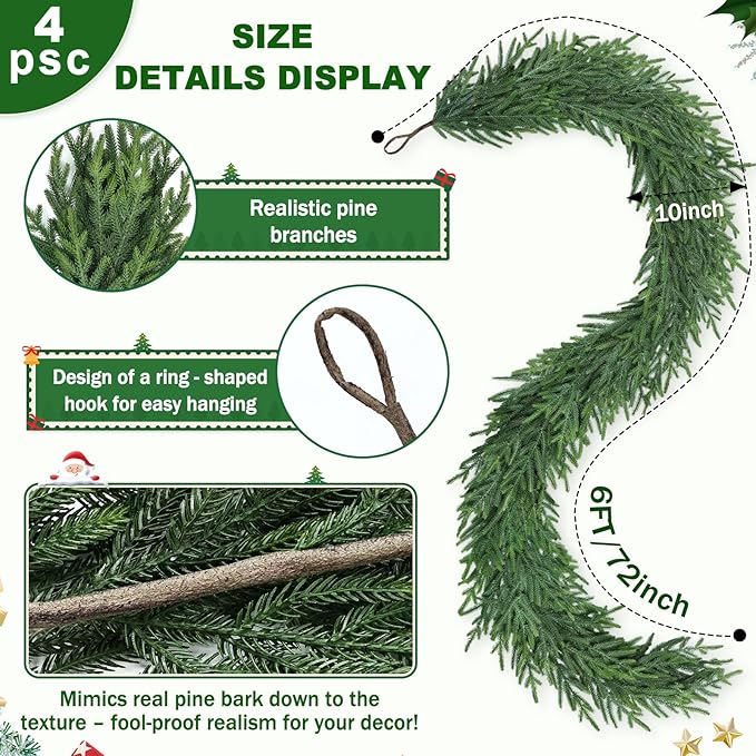 Artgar 24Ft (4 * 6ft) Christmas Pine Garland, 4 Pcs Real Touch Pine Garland, Artificial Realistic Greenery Garlands for Mantle Table Stair Window Porch Indoor Outdoor Winter Xmas Holiday Decorations