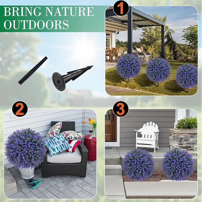 Set of 2 Artificial Purple Boxwood Topiary Ball Bush for Outdoor with Ground Spike 22", UV Resistant Faux Greenery Shrubs, Fake Purple&Green Boxwood Plants for Garden, Yard, Porch, Patio Decor