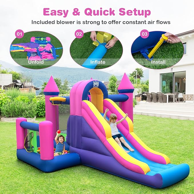 BOUNTECH Inflatable Bounce House, Princess Bouncy House with Long Slide & Ball Pit & Basketball Pit for Kids 3-10, Birthday Party Toddler Bounce House with Blower, Great Gift for Kids Backyard