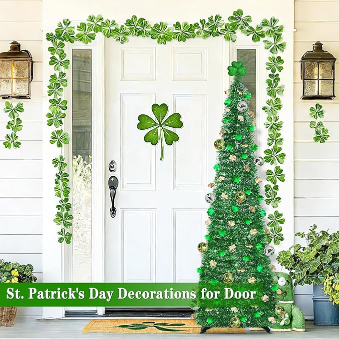 Timer & Shamrock - St Patricks Day Decorations, 5Ft Lighted St Patricks Day tree with 50 LED Green Lights 12 Balls Ornaments Battery Operated Pop Up Tinsel Collapsible Tree for Home Porch Office Party