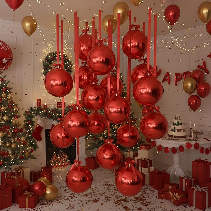 Jenaai 30 Set Valentine's Day Round Foil Balloons Bulk 22 Inch 4d Metallic Giant Balloons Set with Satin Bows Ribbon for Ceiling Holiday New Year Birthday Wedding Party Decoration(Red)
