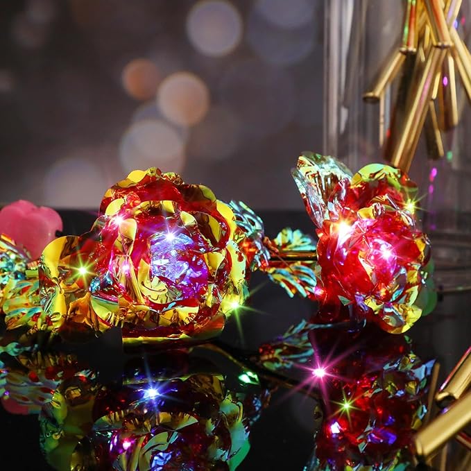Lyrow 24 Pcs Valentines Galaxy Rose LED Light up Rose Flower Gifts Crystal Artificial Rainbow Flower for Valentine Lover Girlfriend Mom Her Mother's Day Birthday Wedding Gift, 9.84 Inches (Red)