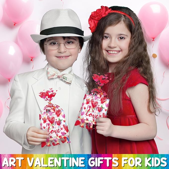 Valentines Day Gifts for Kids, 24 Set Mini Acrylic Paint Kit with Valentines Day Cards, Wood Easel, Canvases, Painting Kits for Kids Girls Boys, Party Favor Valentine Exchange Gift Class Prize