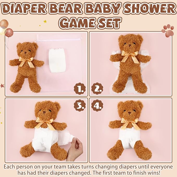 10 Sets Bear Blindfolded Diaper Changing Baby Shower Games Baby Dolls Diapers for Bridal Shower Gender Reveal Games Prizes Gifts for Adults Boys Girls (Dark Brown)