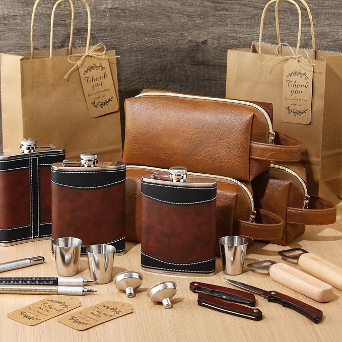44 Pcs Baby Shower Game Prizes for Men Winners with Flasks PU Leather Toiletry Bag Multi Tool Pen Bottle Opener Folding Knife Gift Bags for Baby Shower Groom Bachelor Party(Brown)
