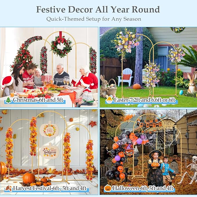 DEVISEFUN Arch Backdrop Stand, 7.2FT, 6.6FT, 6FT Set of 3 Metal Gold Wedding Balloon Arch Stand Kit with Base for Gender Reveal Ceremony Bridal Graduation Party Event Background Decoration