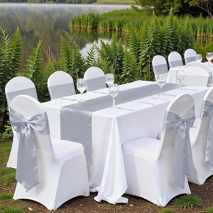 VDS Satin Chair Sashes Chair Cover Back Tie Sateen Bows Ribbon for Wedding Birthday Graduation Engagement Ceremony Event Party Banquet Venue Hotel All Dining Chair Décor (100PC)(Light Silver Grey)
