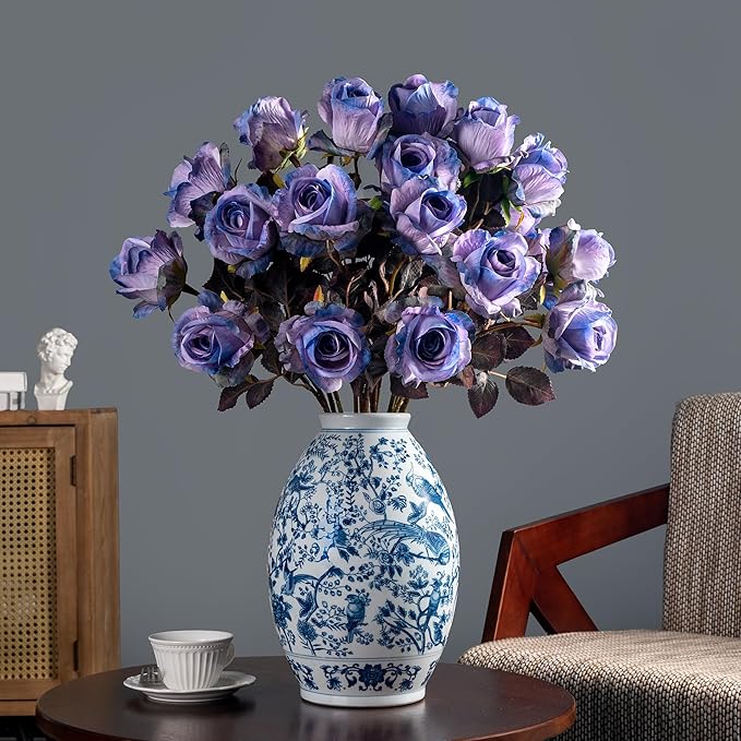 Artificial Flowers Artificial Roses Fake Roses 20PCS Long Stem Artificial Flowers for Tall Vase Silk Rose Suitable for Indoor Decor Wedding Party Decoration DIY Bouquet Autumn,Purple, 23.2In