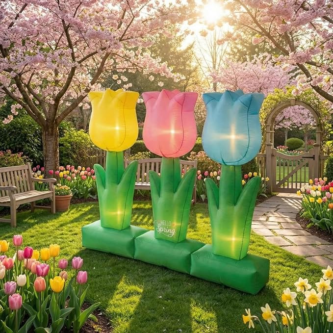 VIHOSE 6 ft Spring Inflatable Flower Decoration LED Blow up Yard Decor Large Inflatable Tulip Flower Outdoor Decoration for Spring Holiday Outside Lawn Party Supplies