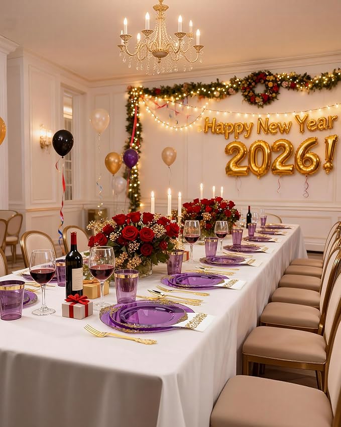 Nervure 350PCS Purple Plastic Plates - Disposable Purple Gold Party Plates & Pre Rolled Napkins with Cutlery for 50 Guests, 100Plates, 150 Silverware, 50 Cups, 50 Napkin for Wedding & Party & Bridal