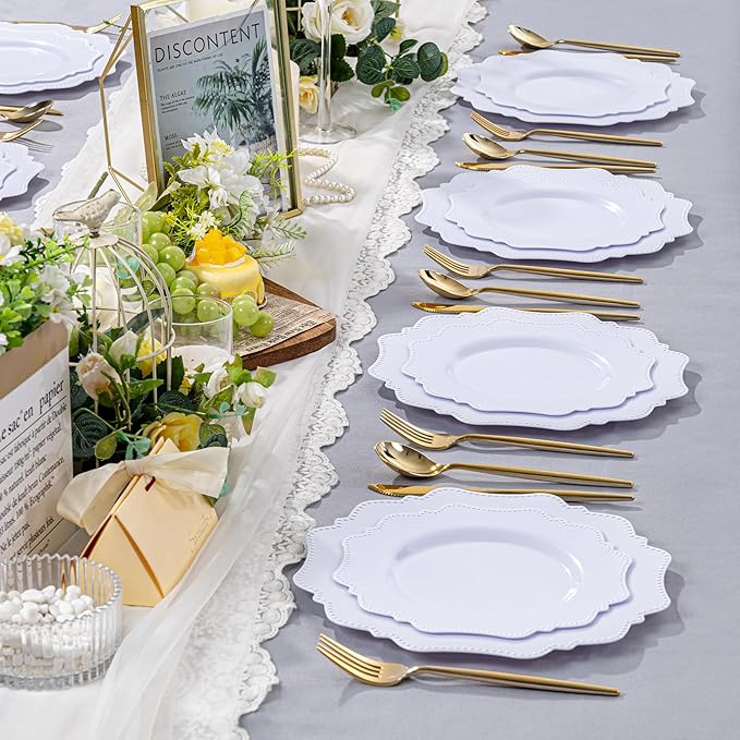 COLOSUS 100pcs 7.5 Inch White Plastic Dessert Plates,Heavy Duty Disposable Appetizer Plates,Premium Plastic Salad Plate,Fancy Disposable Cake Plate for Party, Thanksgiving and Everyday Use