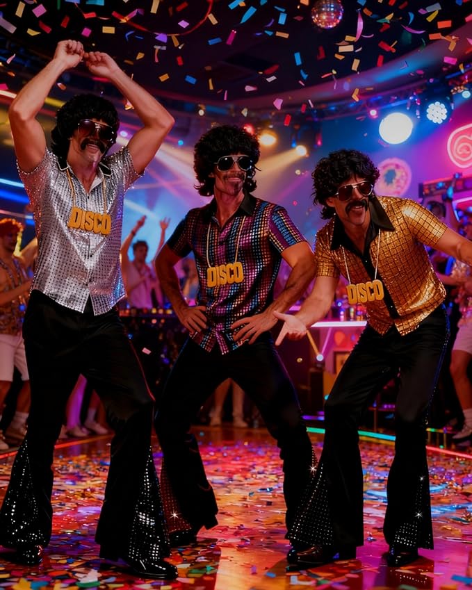 Mepase 6 Pcs Men's 70s Disco Outfit Costume New Year Eve Halloween Couples Costume 80s Bell Bottom Pants Short Sleeve Shirt