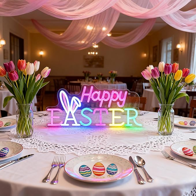 Happy Easter Neon Sign, Dimmable Led Sign Bunny Wall Decor, Easter Decorations for Home Window Living Room Party Spring Décor