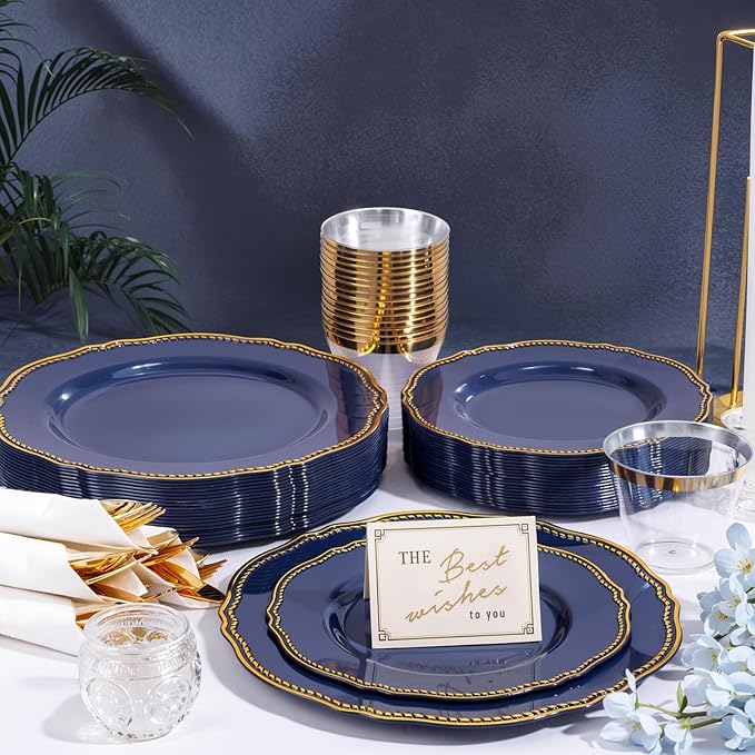 Hioasis 350pcs Blue and gold Plastic Plates - Blue Plastic Dinnerware Set Includes 50 Dinner Plates, 50 Dessert Dinnerware, 50 Cups, 50 Rolled Napkin Cutlery Perfect for Wedding