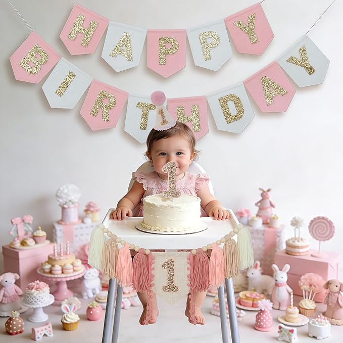 Pink Felt Happy Birthday High Chair Banner Pre-Strung Birthday Hanging Decoration For Baby Girl 1st Birthday Party Decorations