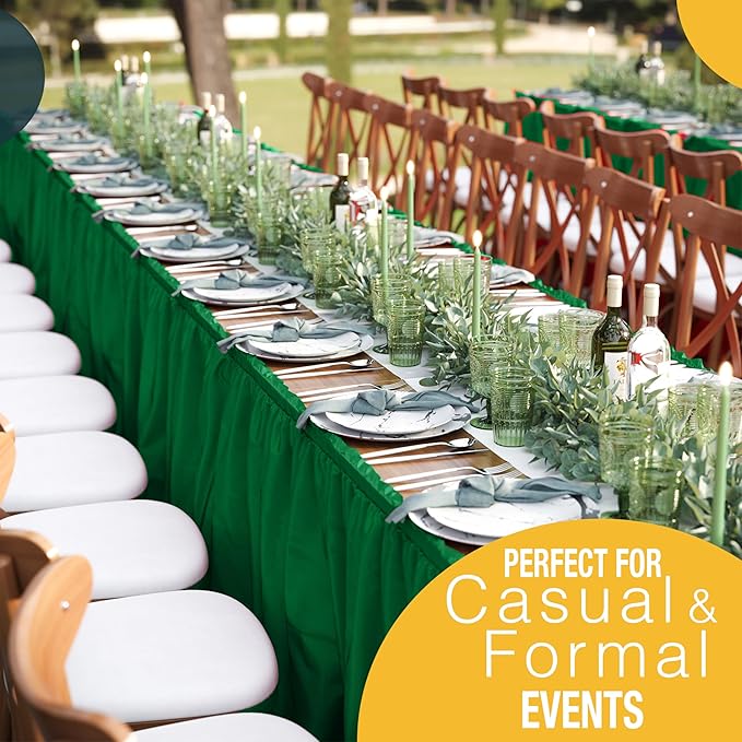 Exquisite Ruffle Table Skirt Emerald Green 12 Pack 14 Ft Long Table Skirts for Rectangle Tables 6ft Plus or Round Tables Skirts with Adhesive Strip for Gender Reveal Decor & Happy Birthday Parties