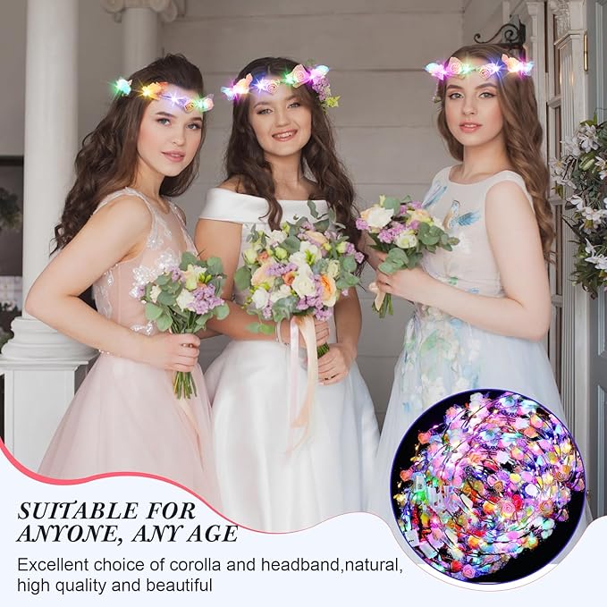 Syhood Valentines Day Gifts, 50 Pcs LED Flower Crowns Headbands, Light up Flower Crowns for Women, Glow in the Dark Headband for Wedding Birthday Mardi Gras Cosplay Princess Party Favors(Plum Blossom)