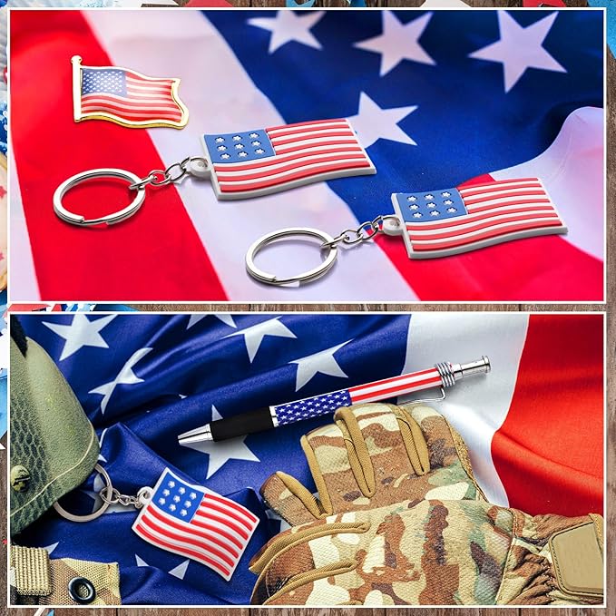 Qilery 250 Pcs Veterans Day Style American Flag Lapel Pins Ballpoint Pen Independence Day Flag Keychains Thank You Card Organza Gift Bag for Home School Office 4th of July Party Supplies