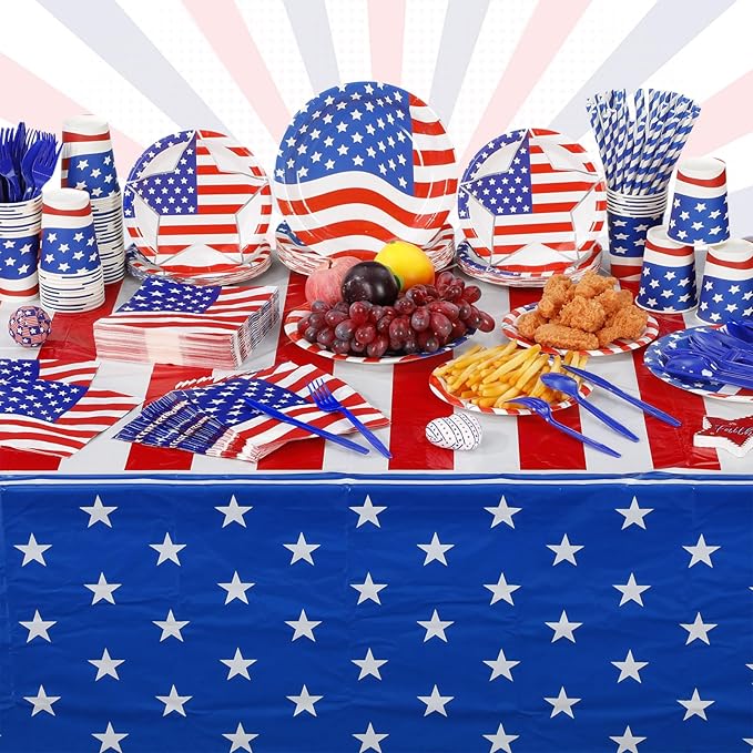 452 Pcs Party Supplies Serve 50 Guests, Paper Plates Napkins Cups Cutlery Plastic Tablecloth Dinnerware for Birthday Wedding Party Decoration(Red White Blue,American Flag)