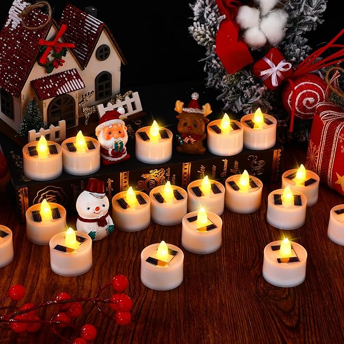 54 Pcs Solar Tea Lights Bulk Outdoor Waterproof Rechargeable Dusk to Dawn Lighting Small Valentine's Day Flameless Flickering LED Votive Candles for Garden Patio Party Lanterns (Amber)