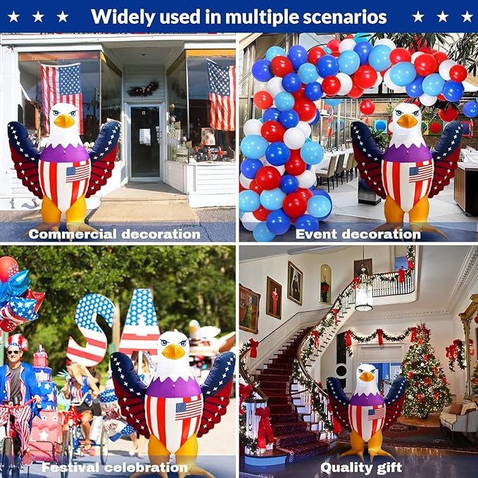 Patriotic Inflatable 6FT Bald Eagle with Flying Wings 4th of July Inflatable Yard Decorations Outdoor Holiday LED Blow up Decor for American Decorations Advertising Business Promotion