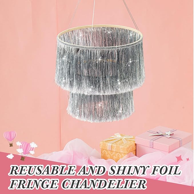 4 Pcs 2 Tier Fringe Tinsel Chandelier Iridescent Foil Party Disco Ball Decor Chandelier Decoration Metallic Foil Shimmering Bachelorette Party Decor Photo Booth Supplies (Silver)