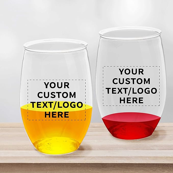 Custom Plastic Stemless Wine Glasses 16 oz. Set of 50, Personalized Bulk Pack - BPA Free, Great for Outdoor Lounges, Poolside, Parties and Other Events - Clear