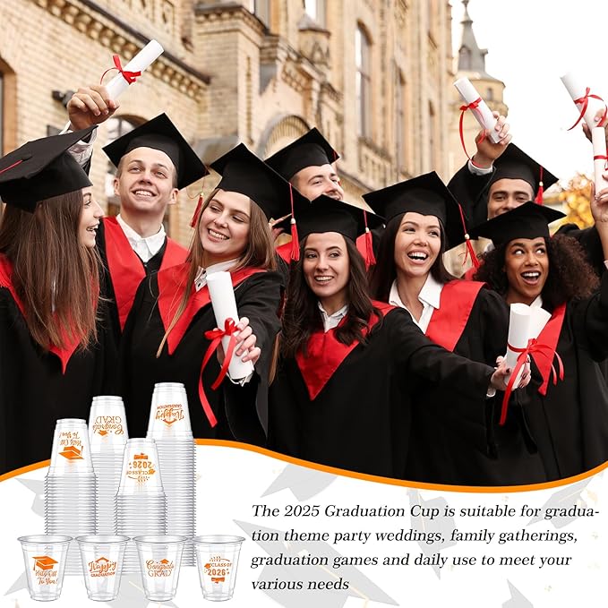 Eaasty 100 Pcs 12oz Graduation Cups 2026 Disposable Plastic Cups for Class of 2026 Graduation Party Congrats Grad Elegant Party Supplies Tableware Decorations (Orange)