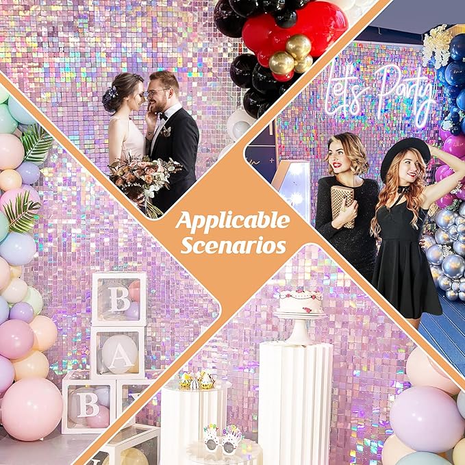 Iridescent Pink Shimmer Wall Backdrop,Shiny Sequins,24Pcs Sequins Backdrop Decoration Panels,Glitter Bling Photo Background Decorations for Birthday Party Wedding Anniversary Graduation