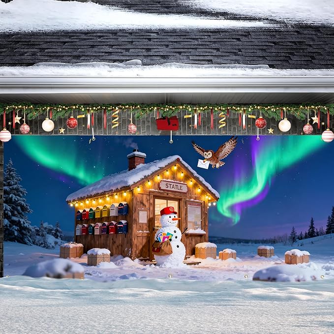 Christmas Garage Door Banner 7x16FT Snowman Post Office & Aurora Scene, Winter Garage Cover for Outdoor Holiday Decorations
