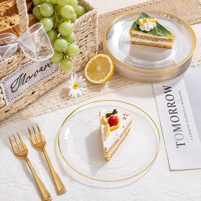 Festiva 200Pcs Clear Plastic Dessert Plates Disposable 6.3" with Plastic Forks 5" - Small Clear Plates-Dessert/Cake/Appetizer Plates for Birthday/Easter Party & Wedding - Serve for 100Guests