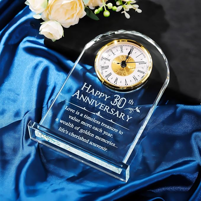 YWHL 30th Wedding Anniversary Clock Gifts for Husband Wife, 30 Years Wedding Anniversary Glass Clock Gift for Couples, Glass Keepsake for 30 Years of Marriage Home Decoration (Battery not Included)