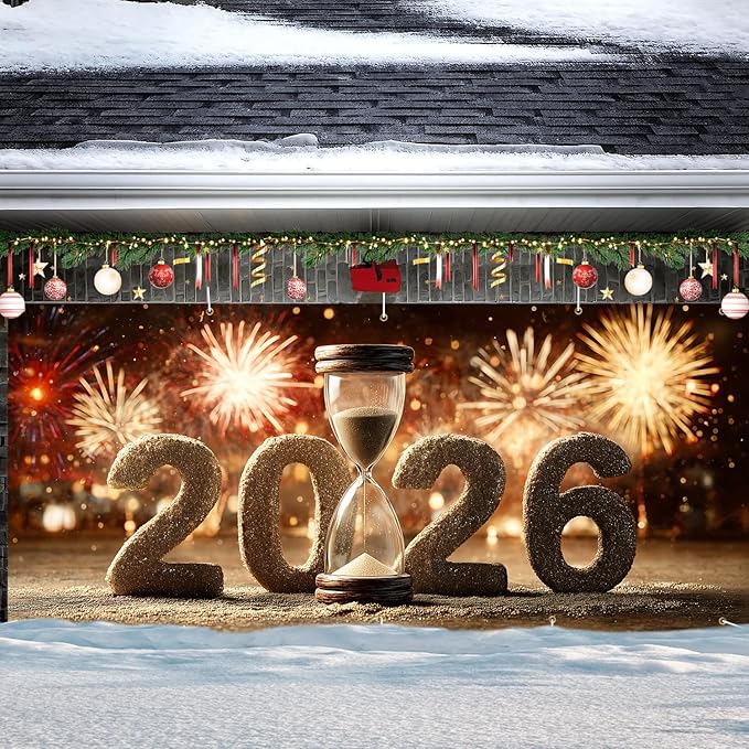 Happy New Year 2026 Garage Door Banner 7x16FT, Hourglass Countdown 2026 Garage Door Cover, Large Outdoor New Year Decoration Backdrop for Garage Doors, Fence, Yard, Party Photo Booth