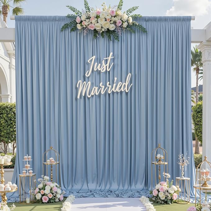 gogoparti 50x12ft Dusty Blue Backdrop Curtain for Wedding Parties, 10 Panels (5x12 ft Each) Wrinkle-Free Dackdrop Curtains, Silky Draping Fabric for Birthday Party, Baby Shower, Photo Background