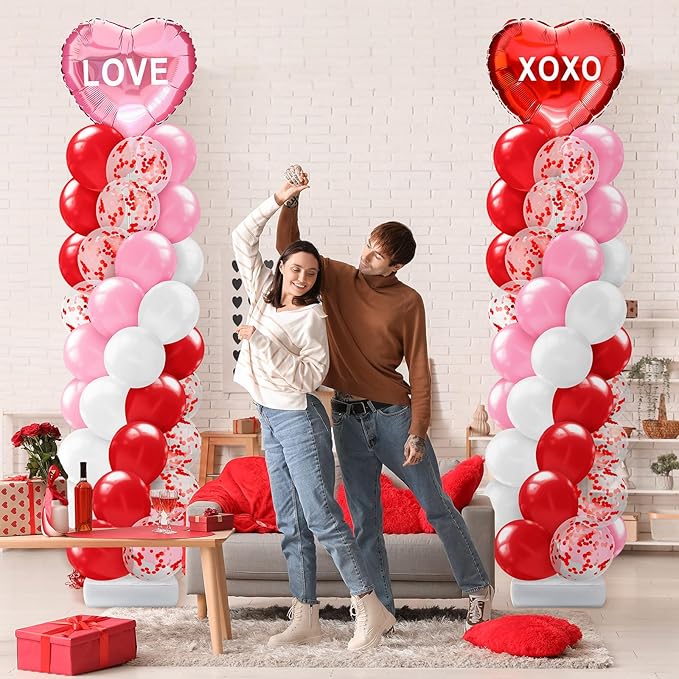Kasyat 2 Set Valentines Day Balloons Column Stand Kit Red Pink White Arch Garland Kit, Love Heart Foil Balloons for Women Anniversary Wedding Engagement Romantic Proposal Party Decorations