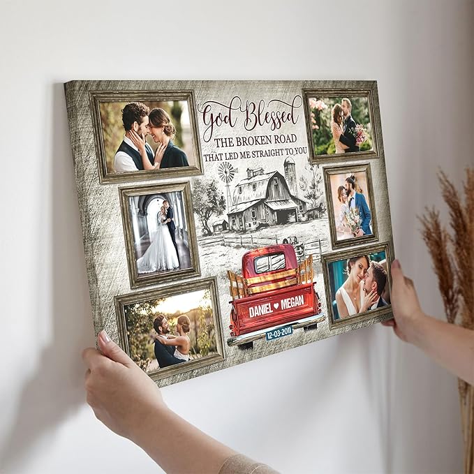 Dem Canvas Personalized Couple Canvas Prints, Custom Love Photo And Name, Beautiful Farmhouse God Blessed The Broken Road, Wedding Gifts For Couple Anniversary Valentines Engagement Gift For Couples