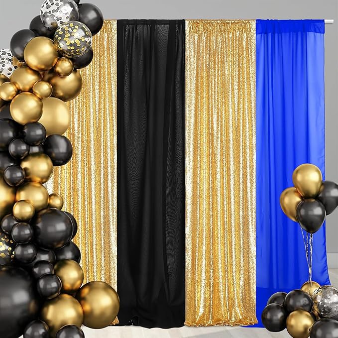 Gold Black Blue 7 Pcs Movie Night Sequin Backdrop Curtains 2ft x 8ft Photo Background Curtain Stage Door Entrance Runner Cover for New Year Movie Night Theme Party Wedding Birthday Decor