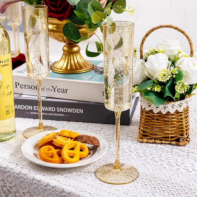 YOUBET 24 Pack Plastic Champagne Flutes - 6 Oz Gold Glitter Disposable Champagne Glasses - Square Plastic Wine Cups Wedding Toasting for Party Birthday Anniversary