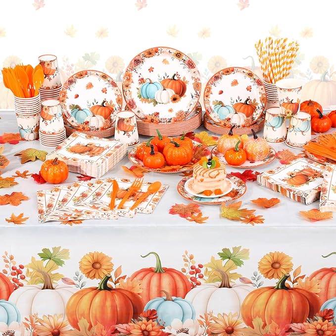 452 Pcs Party Supplies Serve 50 Guests, Paper Plates Napkins Cups Cutlery Plastic Tablecloth Dinnerware for Birthday Wedding Party Decoration(Colored,Pumpkin and Leaf)