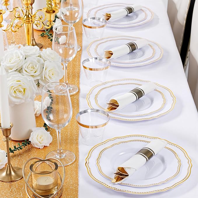 Hioasis 350pcs White and Gold Plastic Plates - Gold Plastic Dinnerware Set Includes 50 Dinner Plates, 50 Dessert Dinnerware, 50 Cups, 50 Rolled Napkin Cutlery Perfect for Wedding & Party