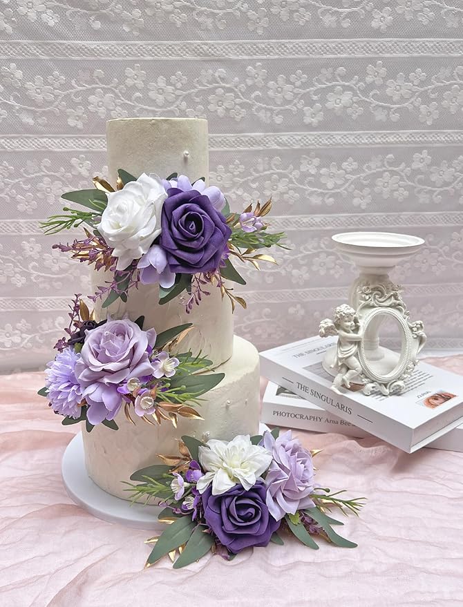 Marriwise 3Pcs Pre-made Cake Toppers Flowers, Dark Purple Wedding Cake Decoration,Artificial Flowers Decor for Wedding Ceremony Anniversary,Birthday Party,Elegant and Dreamy Purple (Dark Purple)