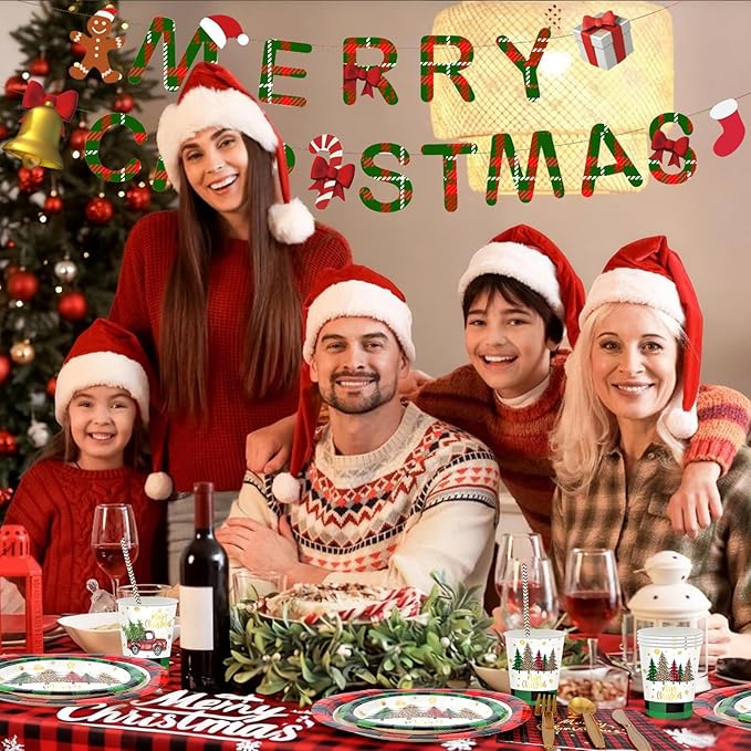 194 Pcs Christmas Paper Plates & Napkins Sets,Christmas Dinnerware/Tableware Disposable Sets Including Cups Straws Plastic Cutlery Banner Tablecloth for Xmas Party Supplies,Serves 24 Guests