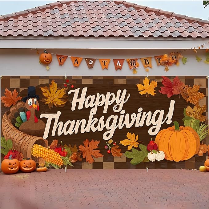 ANNA QUEEN Happy Thanksgiving Garage Door Banner 6 x 13FT, Cornucopia and Pumpkins on Woodgrain, Fall Outdoor Garage Decoration for Parties Home Rustic Decor