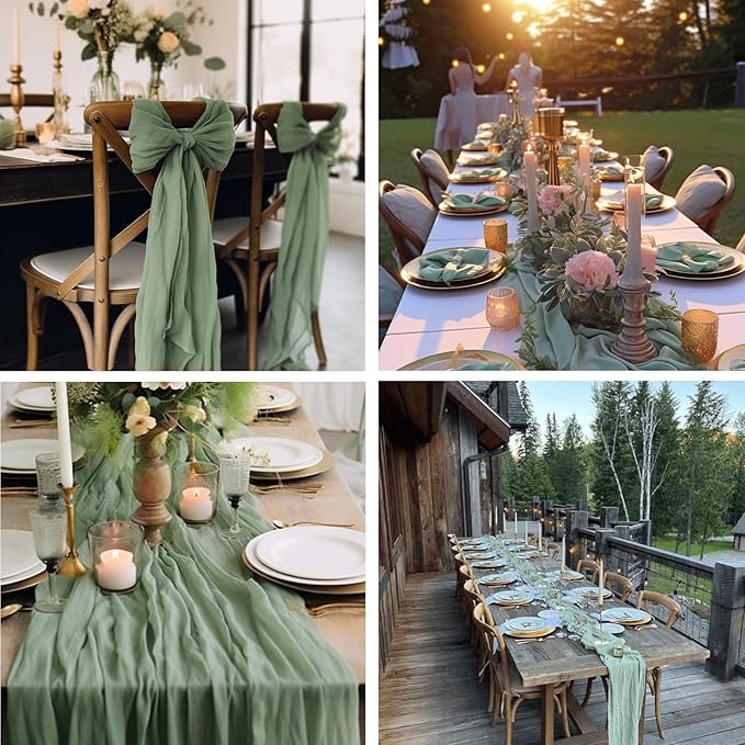 combocube 12 Pack 35x120 Inch 10Ft Cheesecloth Long Table Runner Gauze Rustic Romantic Table Cloth for Wedding Reception Bridal Shower Holiday Birthday Party Table Decorations, Sage Green