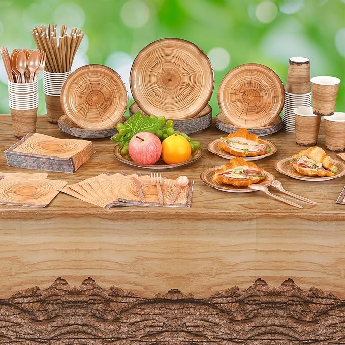 452 Pcs Camping Wood Grain Party Decorations Rustic Wood Disposable Paper Plates Napkins Cups Tablecloth Cutlery Straws for Forest Themed Party Decorations Hunting Birthday Supplies