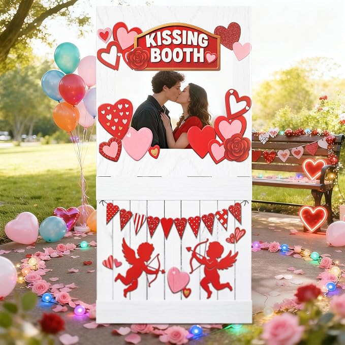 Valentine's Kissing Booth 54 x 28 in Valentines Photo Prop Kissing Booth Stand Cardboard Cutout Decorative Sign for Carnival Romantic Wedding Party Outdoor Decorations(Cupid)