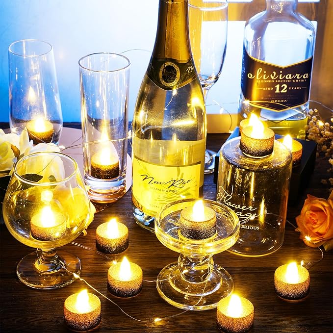 Retisee 48 Pcs Flameless LED Tea Lights Gold Black Glitter Electric Fake Candles for Centerpieces Battery Operated Anniversary Decorations Romantic Winter Decor for Wedding Festival Christmas Birthday