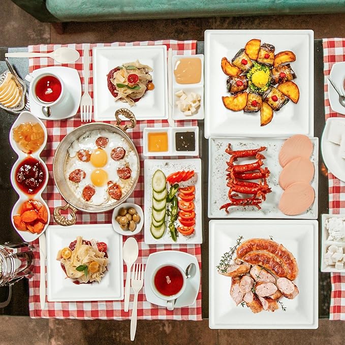 Compostable Paper Plates Set, 300PCS Disposable Heavy-Duty Plate and Utensils, Eco Friendly Biodegradable Dinnerware Kit Includes Plates, Forks, Knives, Spoons and Napkins for Party 50 People